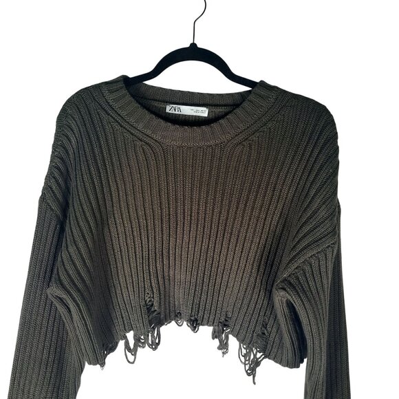 Zara Distressed Cropped Ribbed Knit Sweater Olive Green - Picture 2 of 9